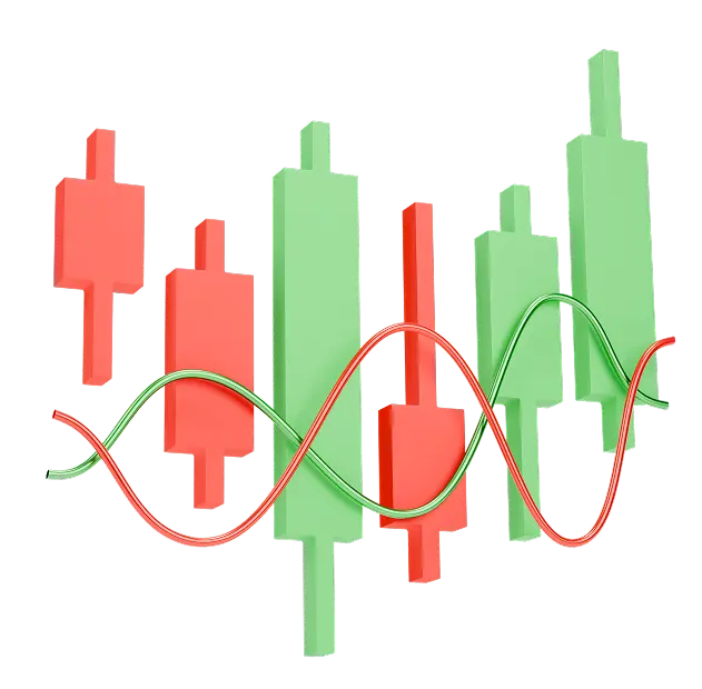 Three dimensional red and green financial candlesticks